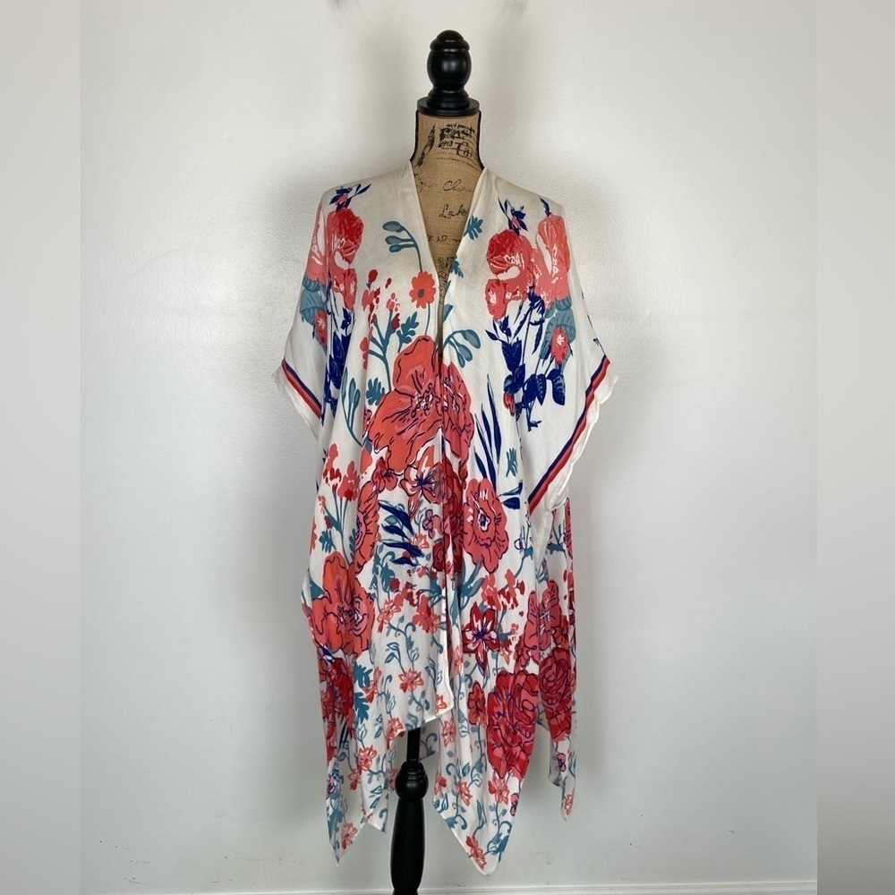 Rachel Roy Floral Duster Open Kimono One Size Women's Beach Coverup Cream & Pink